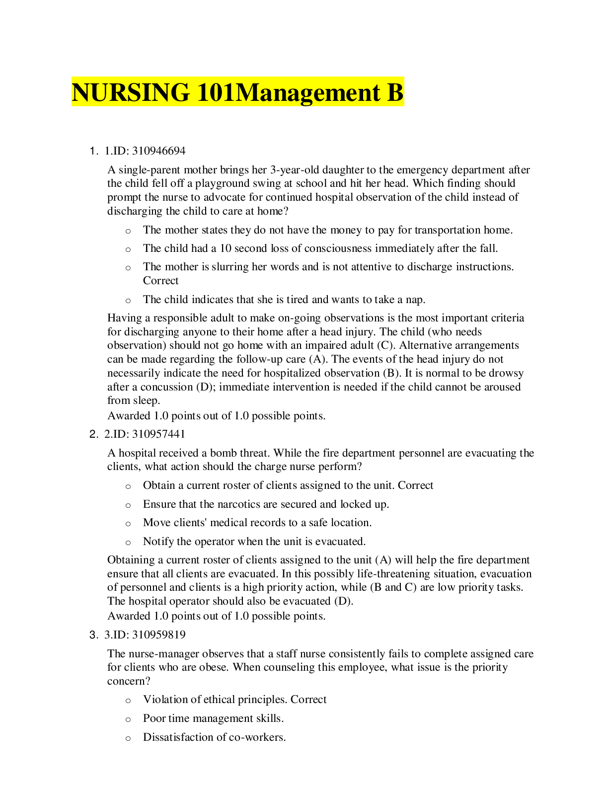 Preview image for NURSING 101 HESI Managment Questions And Answers( Complete Solution Rated A)